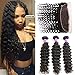 Miss Flower Deep Wave Bundles with Frontal (14 16 18+12 frontal), Deep Curly Virgin Hair Extensions Bundles And Frontal Peruvian Human Hair 3 Bundles with Ear To Ear Lace Frontal Natural Color
