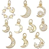 SUNNYCLUE 1 Box 10Pcs Real 18K Gold Plated Brass Celestial Charm Crystal Moon Charms Bulk Rhinestone Cubic Zirconia Crescent Moon Star Pendants for Jewelry Making Earring Necklaces Bracelet Key Chain