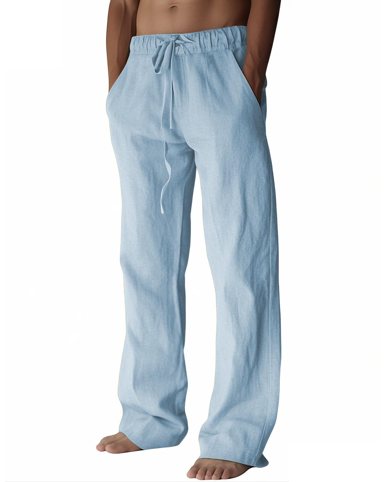 Photo 1 of ***LITTLE DIRT ON LLEG***PIDOGYM Mens Cotton Linen Pants, Summer Beach Pants Casual Loose Fit with Elastic Waist Drawstring Light Blue
