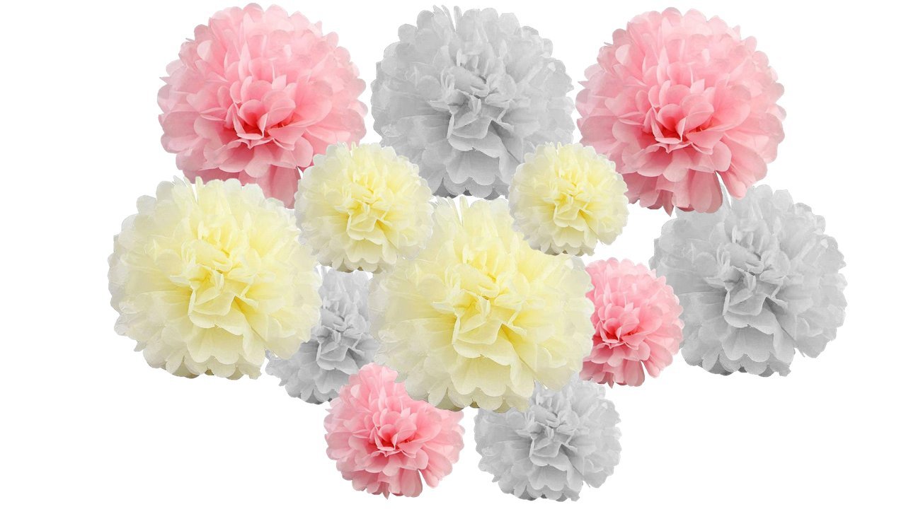 pack of 12 Pack Mixed Tissue Paper Pompom Pom Pom Hanging Garland Wedding Party Decorations (Baby Pink Shade, mix 8" & 10" (20 cm & 25 cm))
