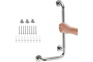 Brushed Nickel Angled Grab Bar 12x24 Inch, iHansee Bathroom Safety Bar w/Anti-Slip Knurled Grip, Wall Mount L-Shaped Shower Handle for Elderly Senior Handicap, Toilet Bathtub Balance Support Bar