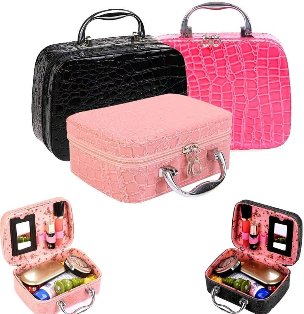 HEMIZA Cosmetic Storage Box with Small Mirror and Adjustable Dividers for Makeup Brushes (Pink)