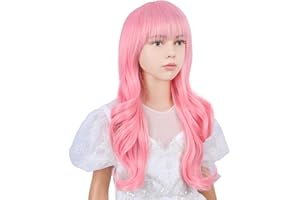 WAVELNM Kids Pink Wig with Bangs Child Pastel Pink Wigs Girls Long Curly Wavy Wig Kid Daily Halloween Party Cosplay Wiga