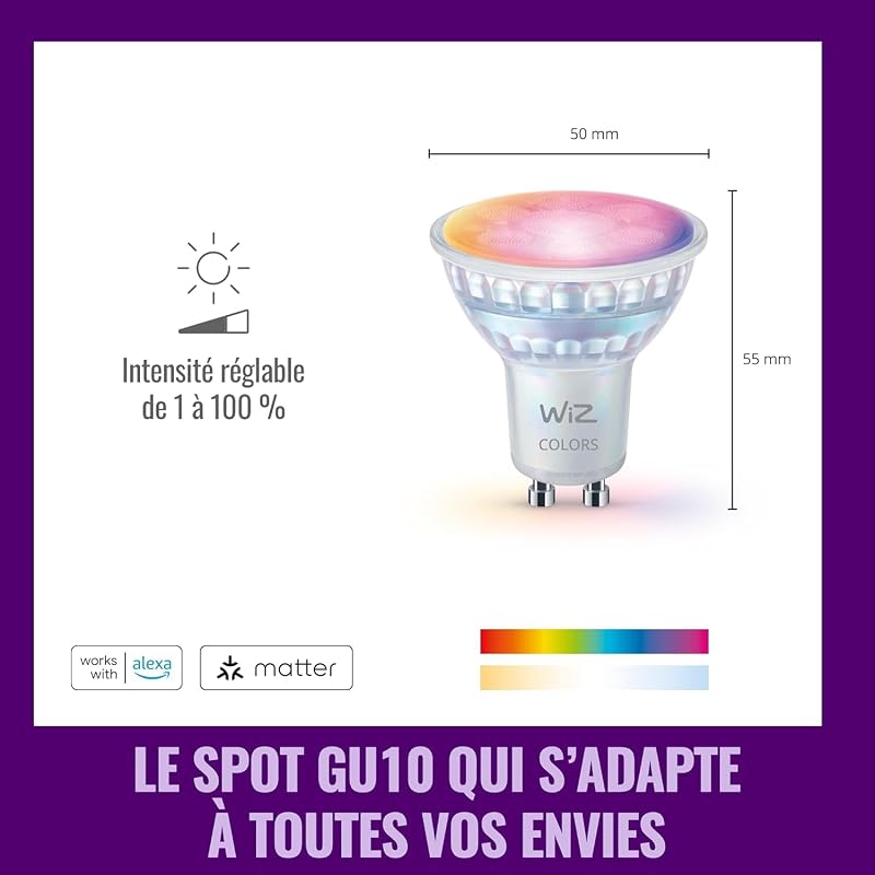 Smart Bulb, Spot LED connecté GU10, Lumière multicolore, Pack de 4