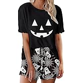 Women Halloween Pajama Sets Loose Fitting Short Sleeve Top and Shorts 2 Piece Lounge Set Sleepwear