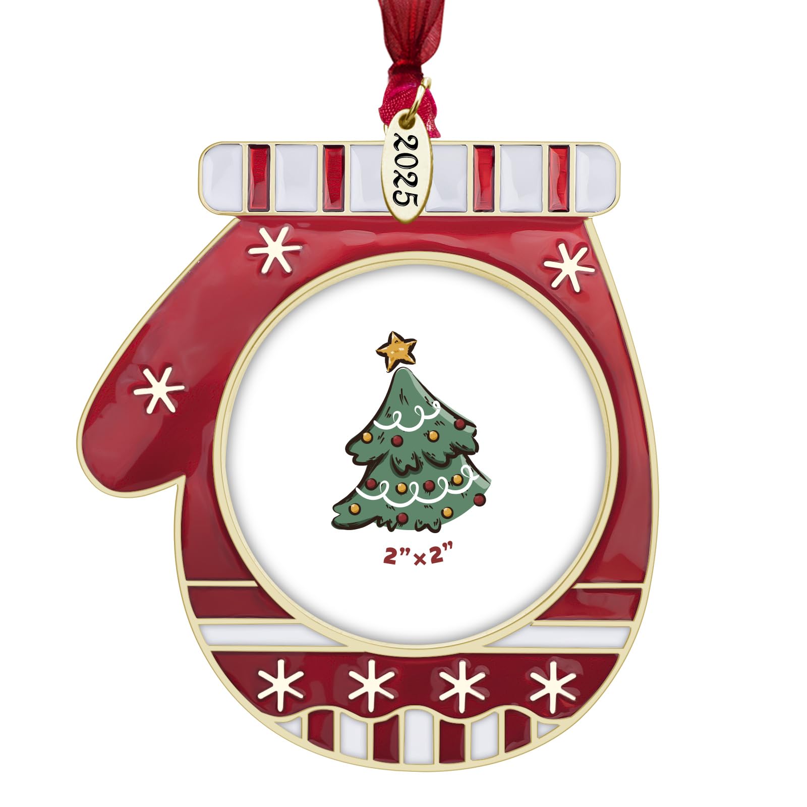 Photo 1 of GUOER 2025 Christmas Tree Ornament Picture Frame Holiday Keepsake Gift Home Decor Christmas Decorations Xmas Gifts Pendant with 2” Photo Frame Insert (2025 Gloves & Golden)
