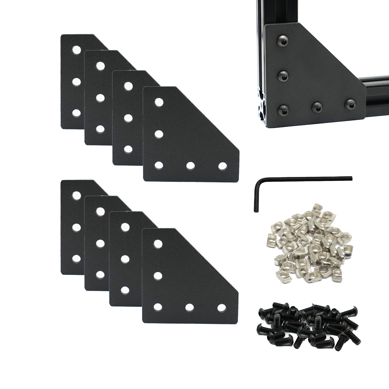 Iverntech 8Pcs Black L Shape Corner Bracket Outside Joint Board Plate with 40Pcs M5 T-Nuts+40Pcs M5 Screws +1Pcs Wrench for Standard 6mm Slot 2020 Series Aluminum Extrusion Profile