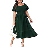 Plus Size Maxi Dresses for Curvy Women Short Sleeve Square Neck Smocked Flowy Formal Wedding Guest Dress Lace Trim