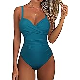 Hilor Women's Underwire One Piece Swimsuits Criss Cross Push Up Bathing Suit Retro Ruched Tummy Control Swimwear