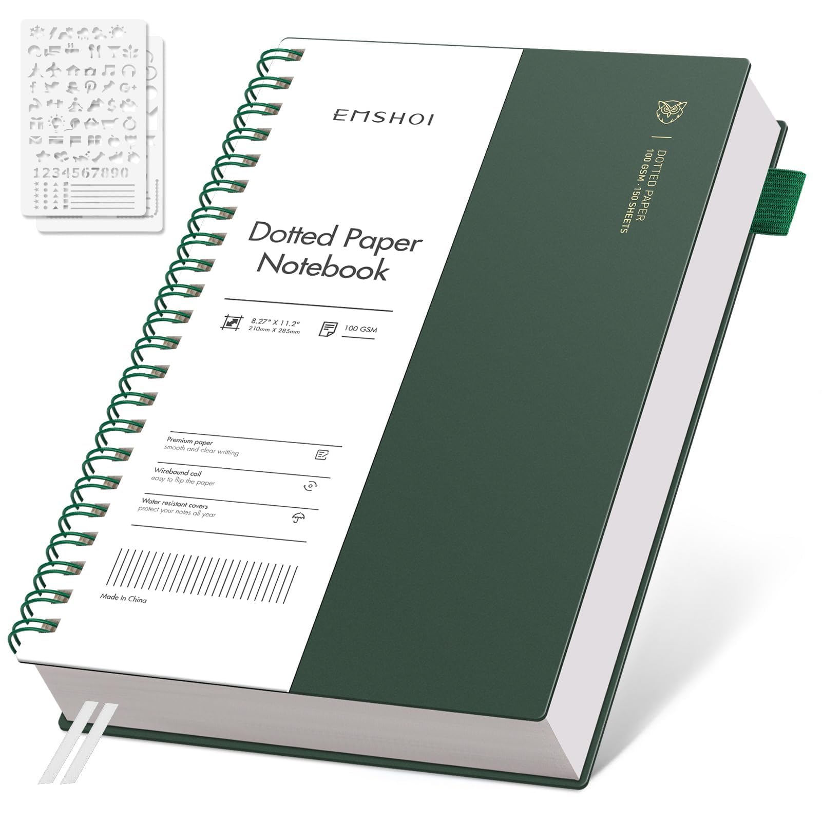 EMSHOI A4 Notebook College Ruled, Spiral Notepad 150 Sheets/300 Pages, 100gsm, PVC Cover, Sticky Notes, Pocket, Pen Loop, Ruler, Bookmark, Lined Journal for Women Men Writing, 21x28.5cm, Green