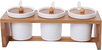 Amazon Corcopi おうちカフェ スタイリッシュ キャニスター おしゃれ な 調味料入れ 3個 セット 真っ白 な 陶器 ナチュラル な 竹 持ち手 ラウンド Corcopi 塩 コショウ入れ