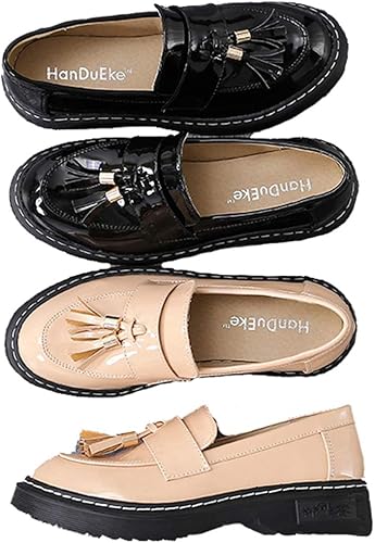 Amazon 幸福マーケット レディース タッセルローファー エナメルシューズ オフィス 革 カジュアル 厚底 軽量 大人 学生 レザー ヒール 26cm 靴 春 レインシューズ おしゃれ 防水 防滑 黒 杏色 美脚 入学 通勤 可愛い パンプス