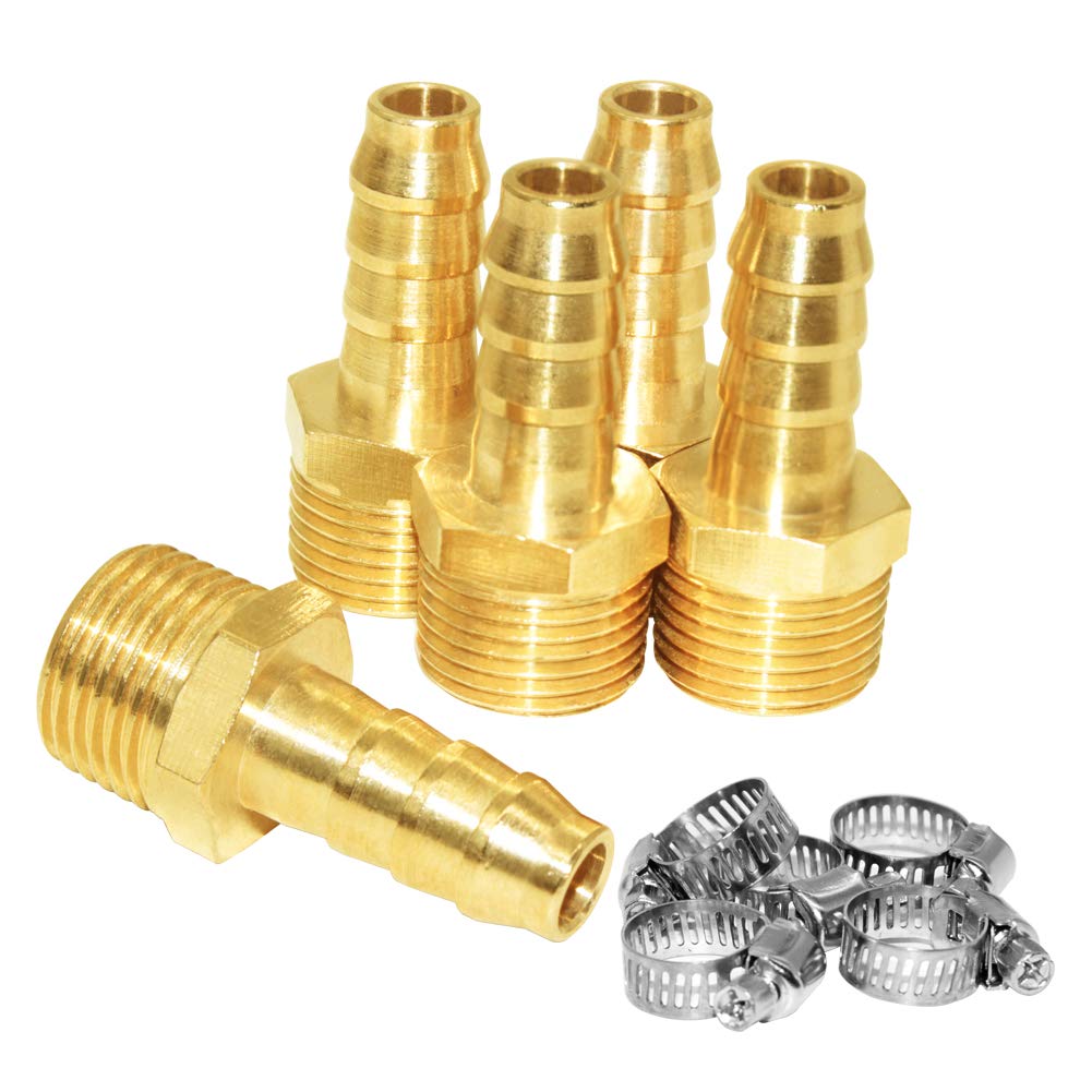 JoyTube 5 Pcs Hose Barb Fittings 1/4" Barb to 3/8" NPT Male Thread Brass Metals Adapter Connector with Hose Clamp