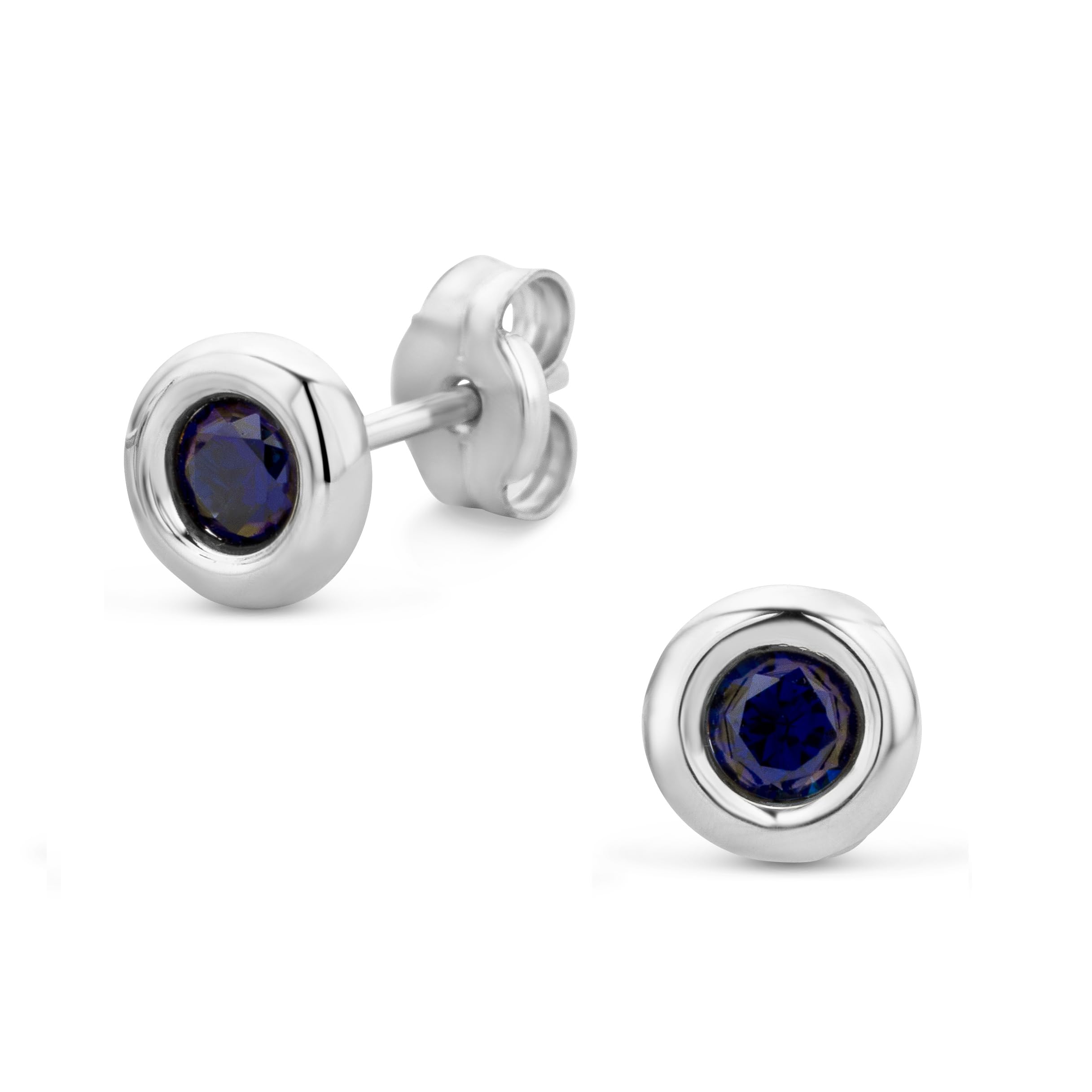 Orovi Round White Gold Earrings for Women with Sapphires in 9 Carat Gold, Hypoallergenic Earrings - Handmade studs with jewellery box — image 1