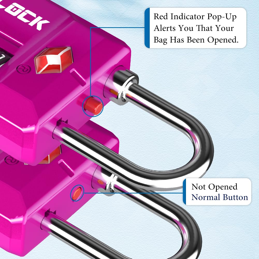 SURE LOCK TSA Approved 4-Digit Resettable Combination Luggage Locks with Open Alert, Easy-Read Dials - for Luggage, School Lockers, Gym, Office, Toolbox & Security Cases (Pink 2 Pack)