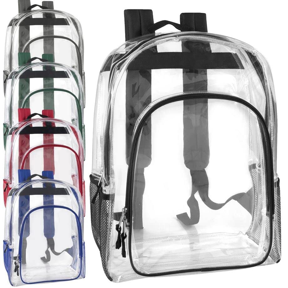 Bulk Clear Backpacks for School Kids Heavy Duty Wholesale 24 Pack See Through Backpacks with Side Pockets Bulk for Stadium, Travel, Sports