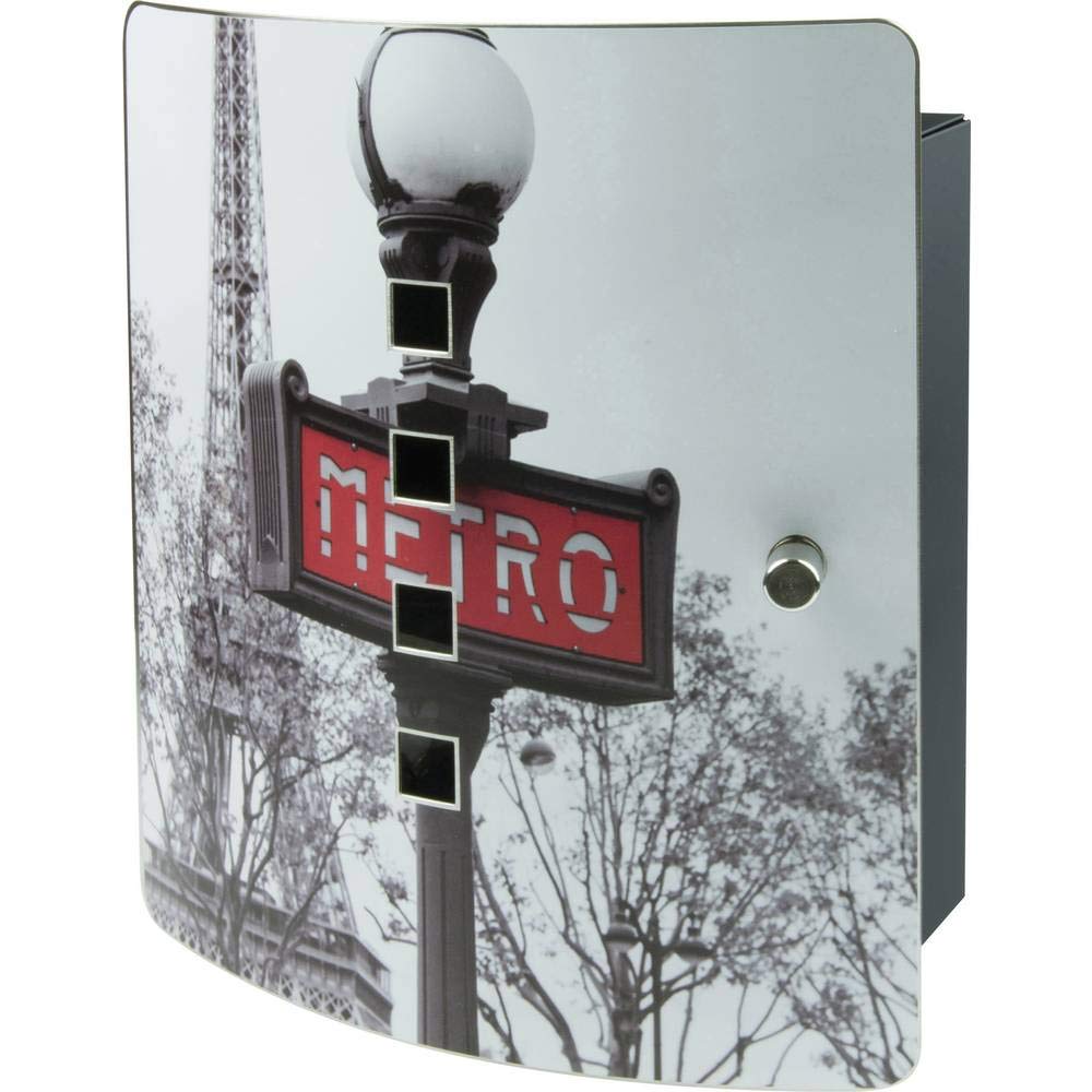 Burg Wächter 6204/10 Ni Paris Metro Key Box with Motif, 10 Hooks, Stainless Steel Door with 90° Opening Angle and Magnetic Closure, Black/Stainless Steel