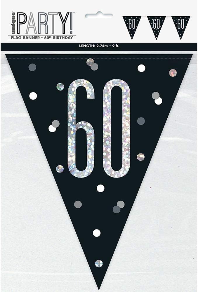 Stunning 60th Glitz Black & Silver Prismatic Plastic Flag Banner (274cm) - Elegant Decor for Memorable Celebration - 1 Pc