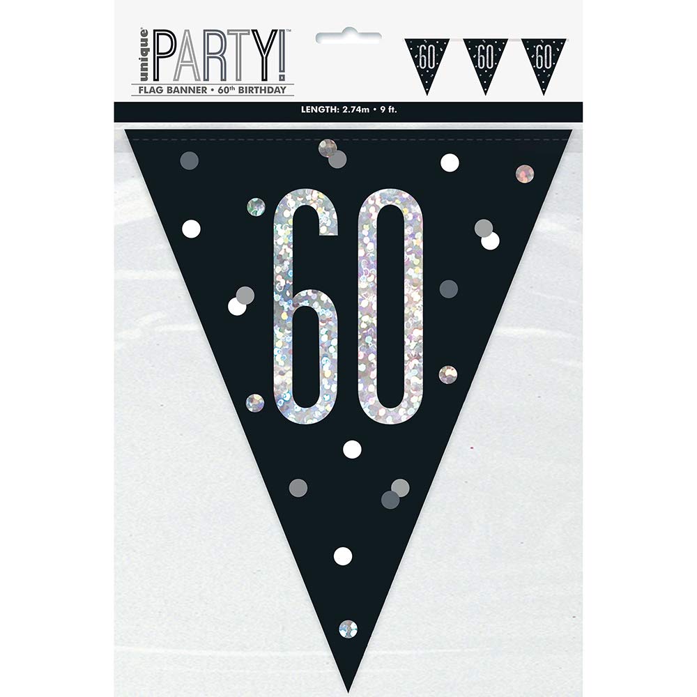 Stunning 60th Glitz Black & Silver Prismatic Plastic Flag Banner (274cm) - Elegant Decor for Memorable Celebration - 1 Pc