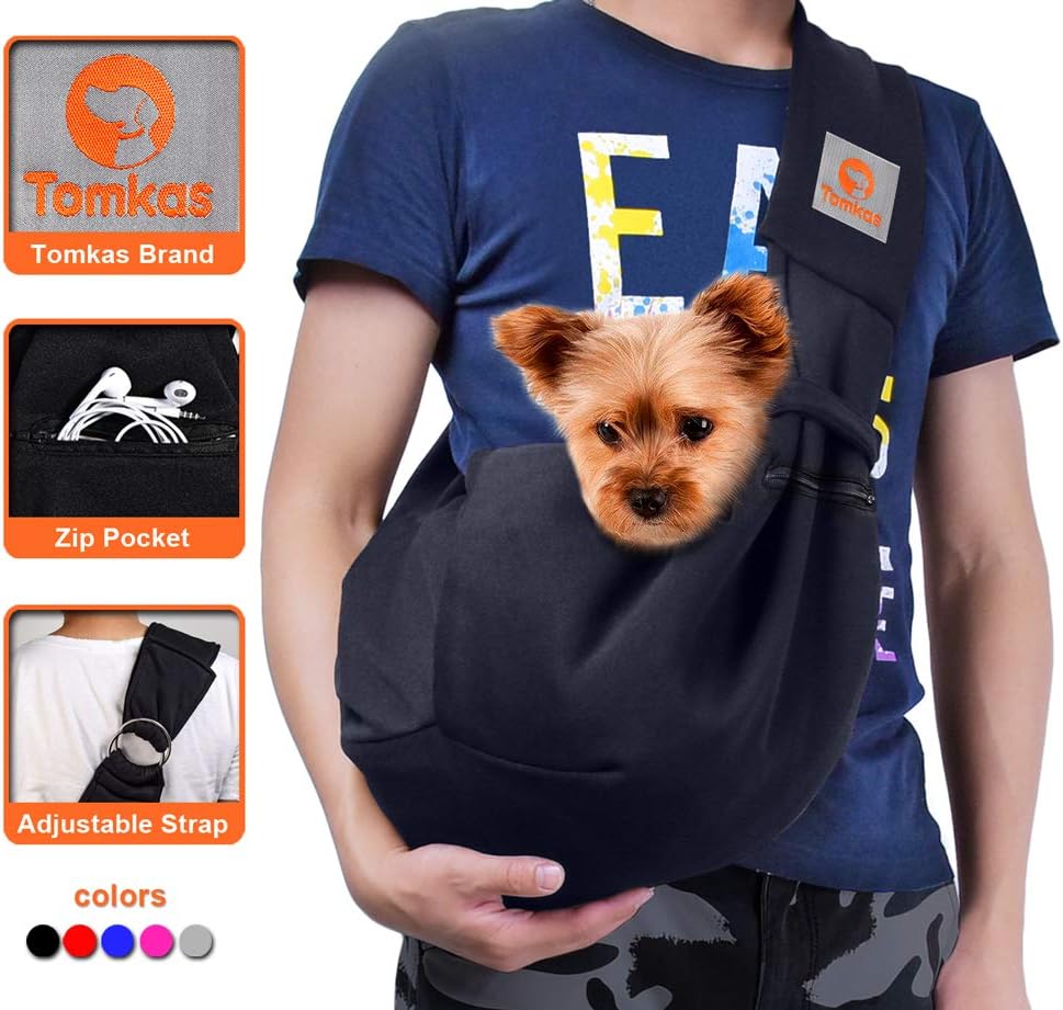 TOMKAS Small Dog Cat Carrier Adjuastable Sling Hands Free Pet Puppy Outdoor Travel Bag Tote Reversible (Black Adjustable)