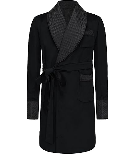 Men's Silky Satin Smoking Jacket (Small, Black Brocade Design) at