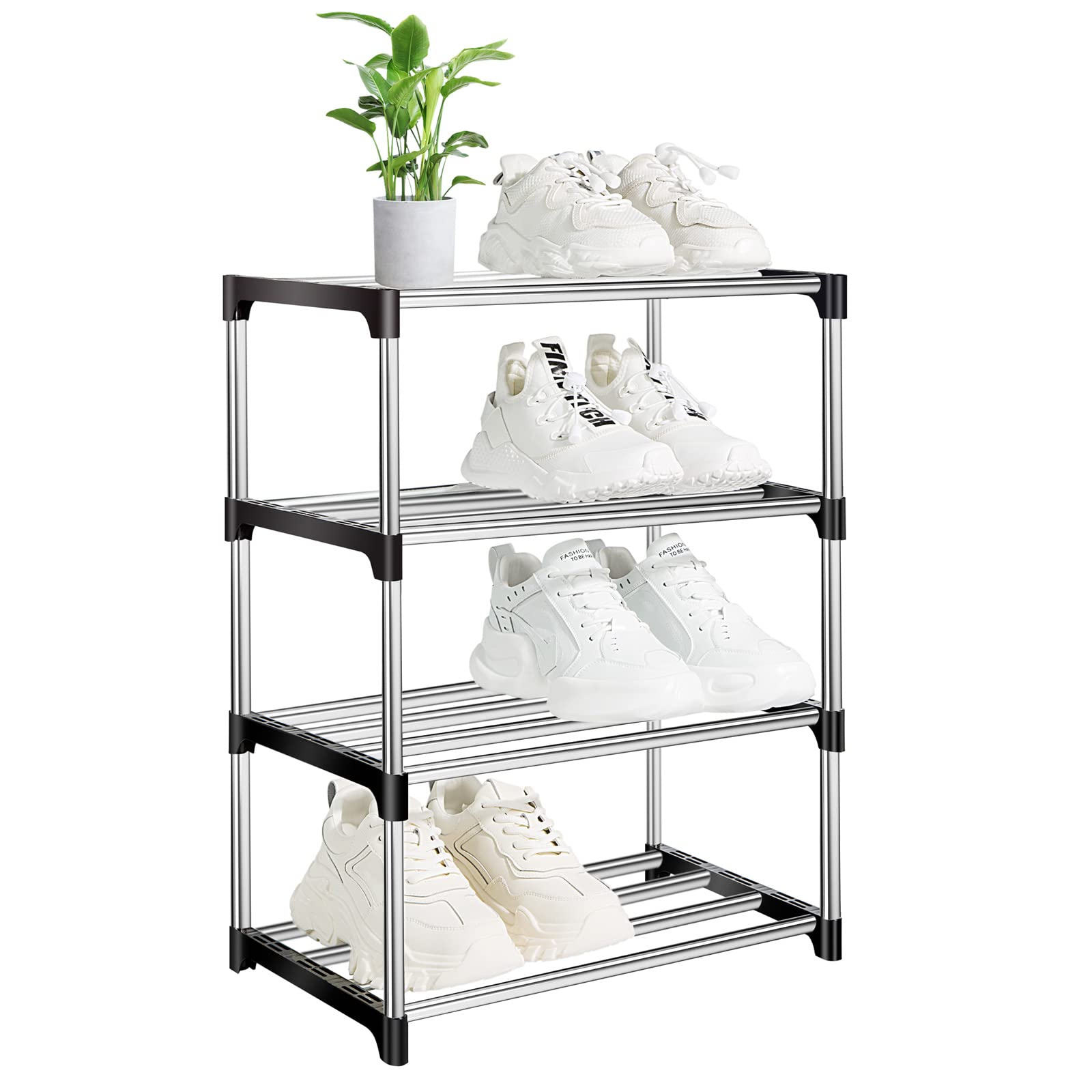 OLYREO 4 Tier Shoe Rack Stackable Small Shoe Racks Footware Storage, Slim Shoe Rack Storage Organizer, Durable Metal Shoe Shelf for Closet Entryway Hallway Bedroom Quick Assembly