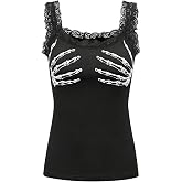 SweatyRocks Women's Skeleton Print Goth Tank Tops Lace Sleeveless Slim Fit Rave Knit Tops