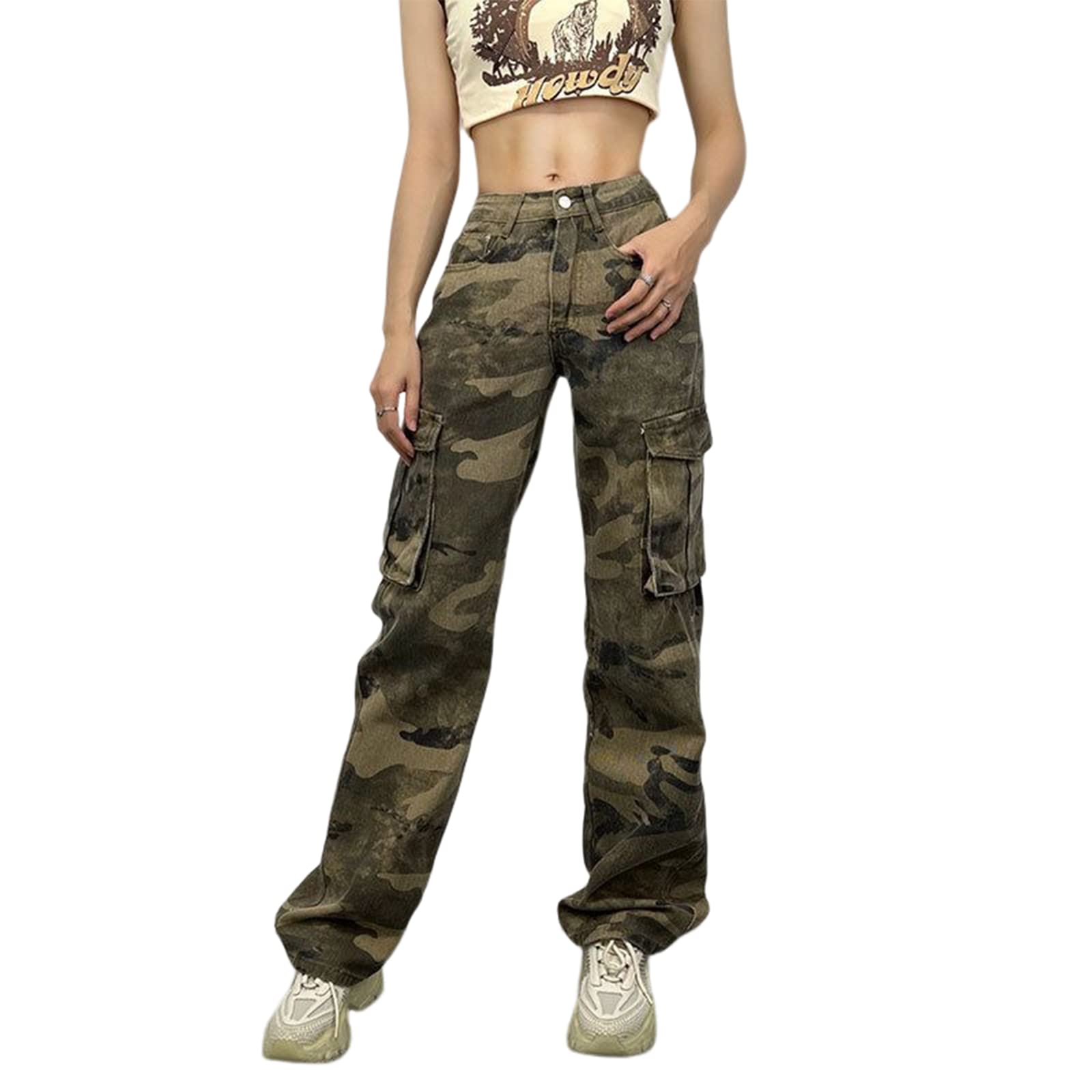 Photo 1 of ***Missing a botton***Women's Camouflage Cargo Jeans High Waist Straight Loose Baggy Jeans Wide Leg Denim Pants for Teen Girls X-Small