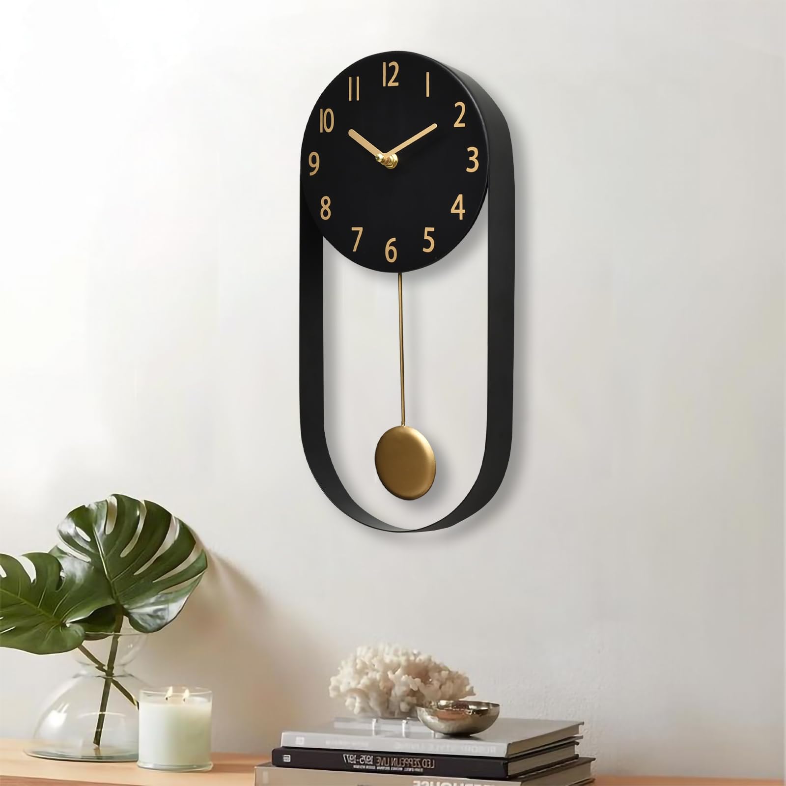 Photo 1 of EmaxHome Stylish Minimalist Pendulum Black Wall Clock 8 Inch Modern Decorative Timepiece Silent Gold Pendulum Included Distinctive Metal Frame Design