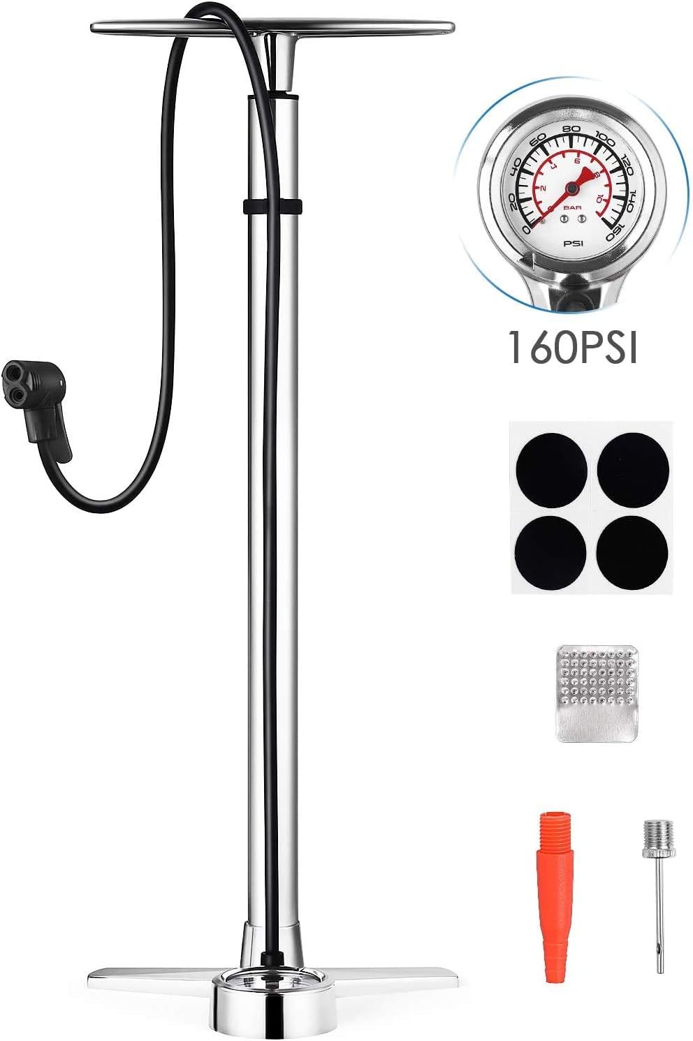 INTEY Bike Floor Pump with Gauge, Aluminum Alloy Bicycle Tire Pump Compatible with Presta & Schrader Valve, Glueless Puncture Kit, 160 PSI / 11 Bars