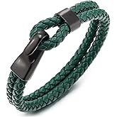 COOLSTEELANDBEYOND Mens Womens Two-Row Red Braided Leather Bangle Bracelet Wristband with Black Steel Hook Clasp