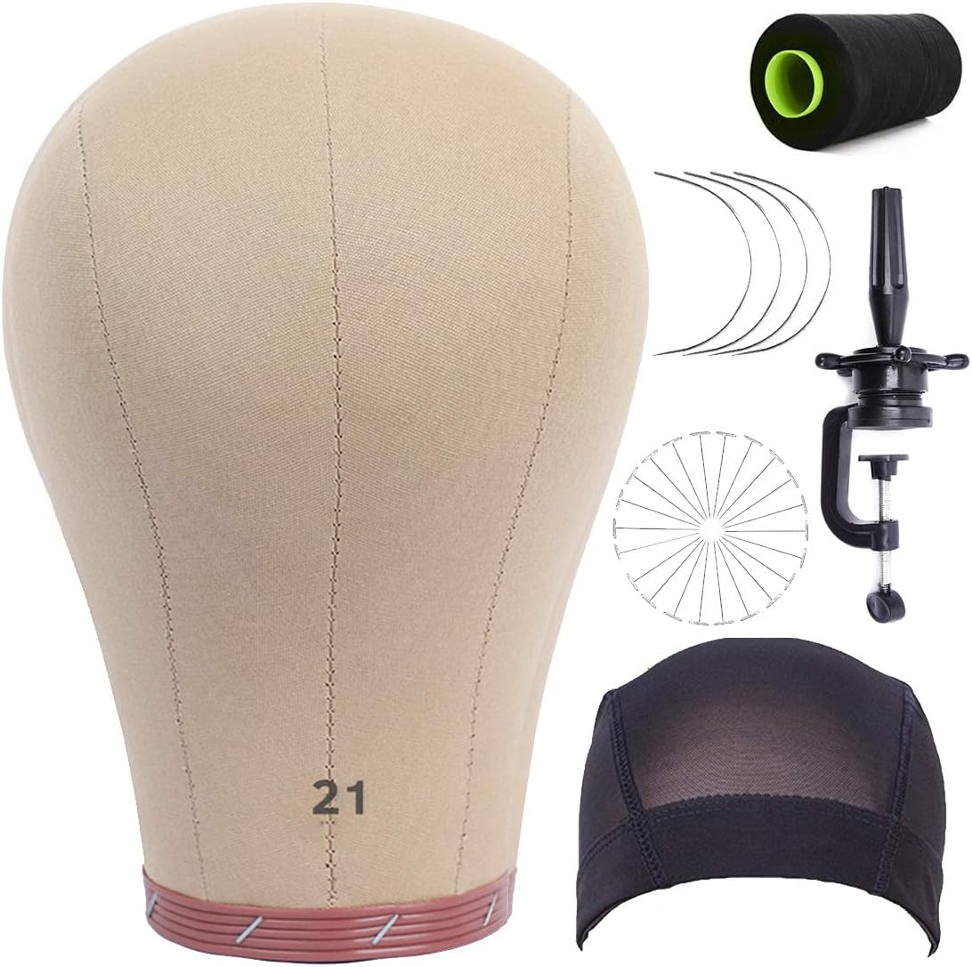 21 Inch Wig Head Cork Canvas Mannequin Head with Stand Set Blocks for Wigs Making Display Styling (Cork Head+Wig Stand+Wig Cap+T-Pins)