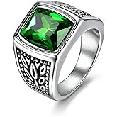 MASOP Jewelry Men's Stainless Steel Wide Identify Ring Green Emerald Color Square Stone