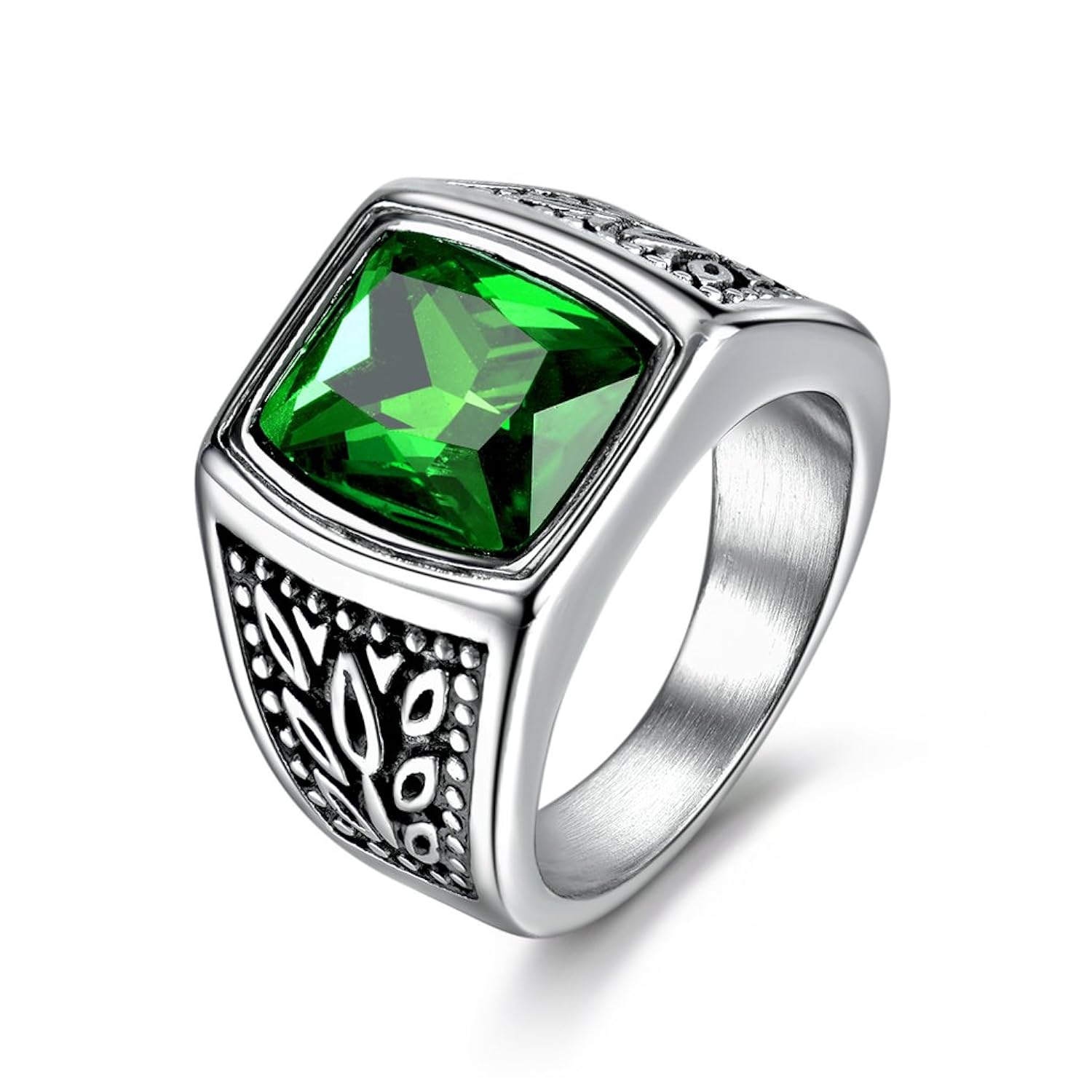 Men's Ring Stainless Steel MASOP Large Green Emerald Color Square Stone