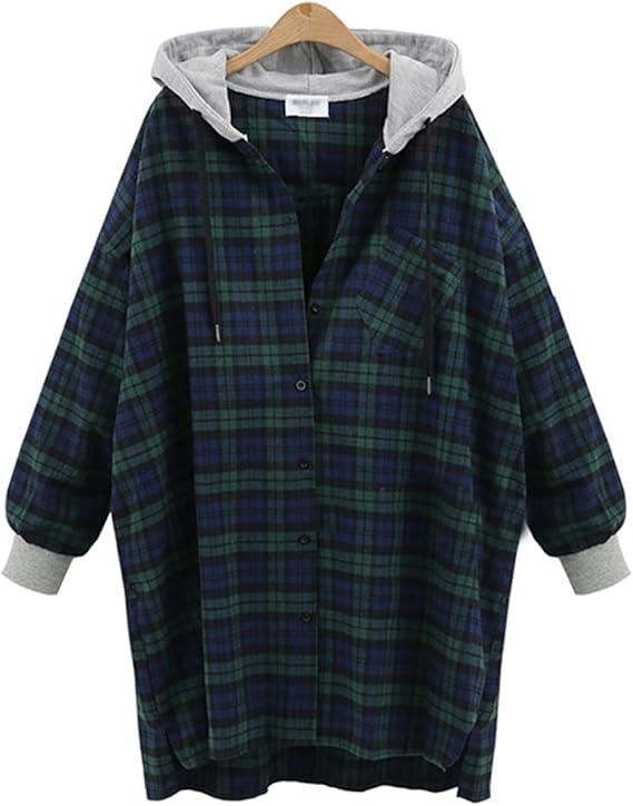 Amazon 大きいサイズ レディース シャツパーカー チェックシャツ ロングシャツ ネルパーカー T10 グリーン 5l シャツ ブラウス 通販