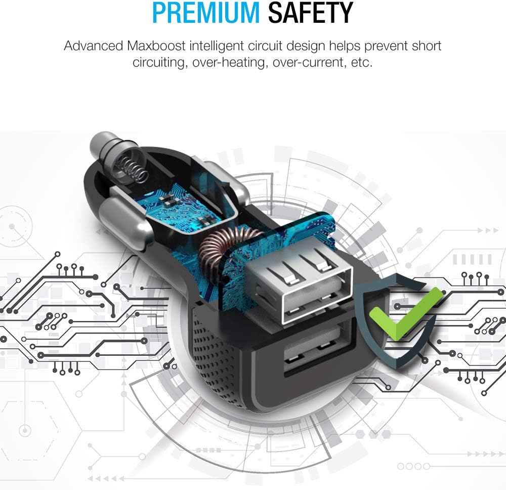 Maxboost Car Charger with SmartUSB Port 4.8A/24W [Black] Charger Adapter for for iPhone 11 Pro Max/XS Max/XR/XS/X/8/7/Plus,Galaxy S20 Ultra/S10/S10+/S10e/Note,LG,iPad Pro/Air 2/Mini,Huawei, Moto,Pixel