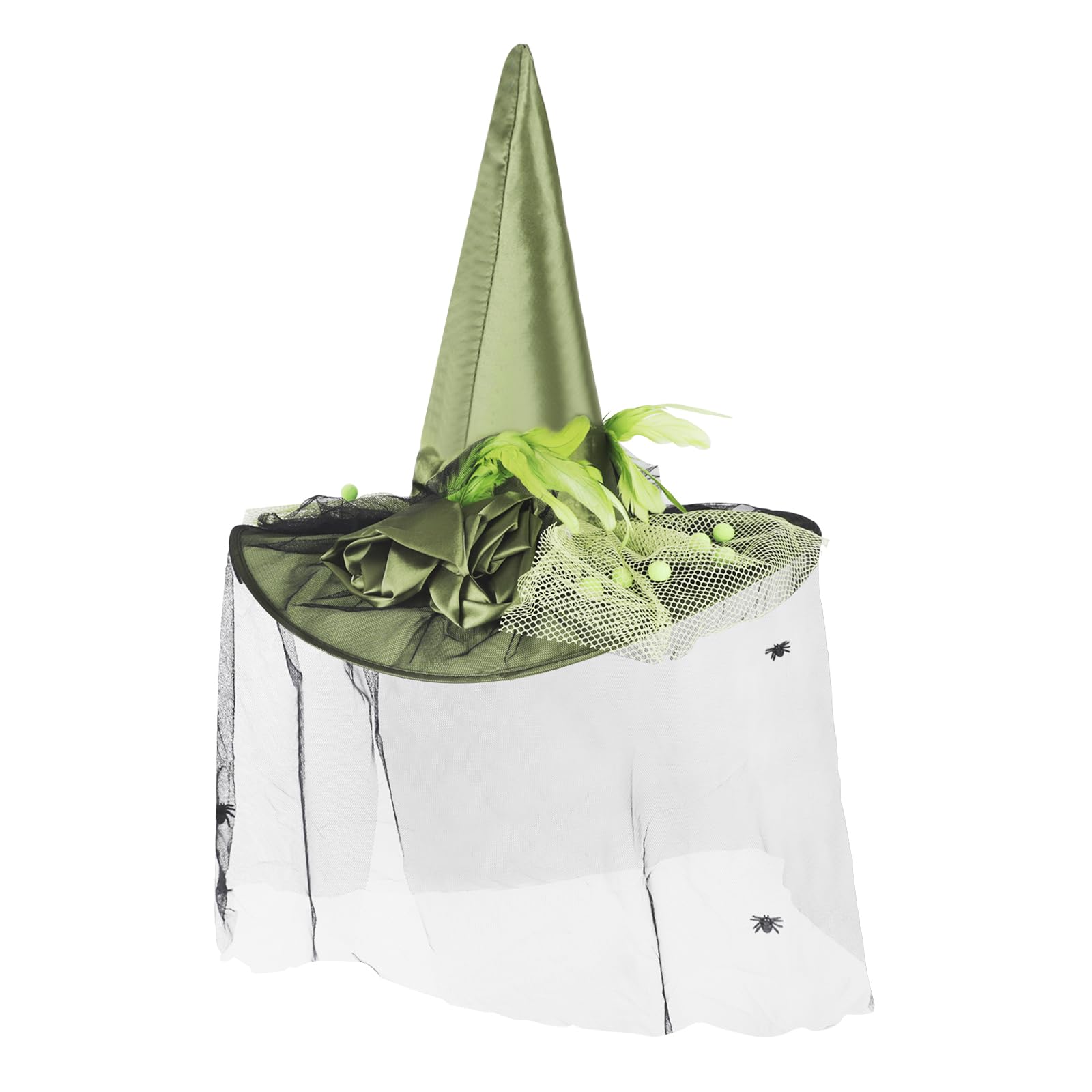 Moonlove Green Witch Hat Veil Floral Feather Vintage Witch Hat for Women Cosplay Halloween Party Gothic Costume Fancy Dress