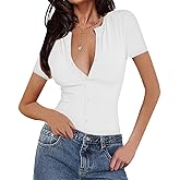 INFITTY T Shirts for Women Short Sleeve V Neck Ribbed Knit Button T Shirts Solid Color Summer Tops