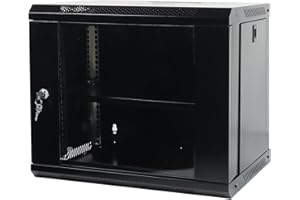 9U Black Wall Mount Network Server Cabinet with Glass Door, Locks, Removable Side Panels, for IT Equipment, A/V Devices