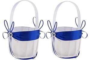 YUUDAR 2PCS Wedding Flower Girl Baskets,White Satin Flower Storage Basket with Double Heart Rhinestone Craft for Engagement Ceremony Party Decor (Royal Blue)