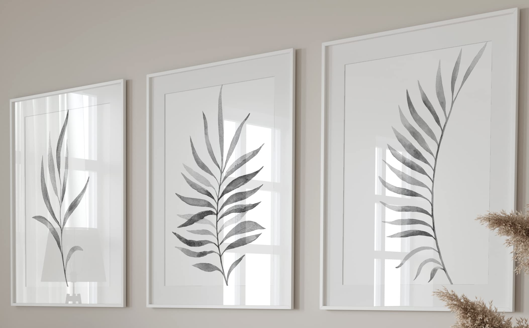 Eviepops Prints Grey Ferns Botanical Leaves Set of 3 Unframed Prints, Abstract Tropical Plant Decor, Living Room Bedroom Bathroom Wall Art Poster Home Decor, Plant Leaves (A4)