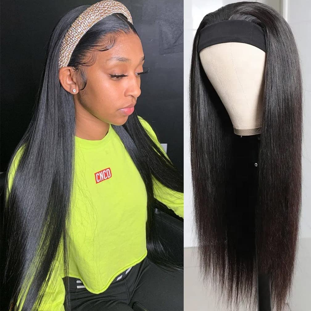 16 inch Headband Wig Human Hair Straight Human Hair Wigs for Woman Glueless None Lace Front Wigs Brazilian Virgin Human Hair Wigs Wear and Go 150% Density Natural Black Color