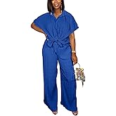Dezraia Casual Two Piece Set for Women - Button Down Shirt and Wide Leg Pants Matching Set Tracksuits