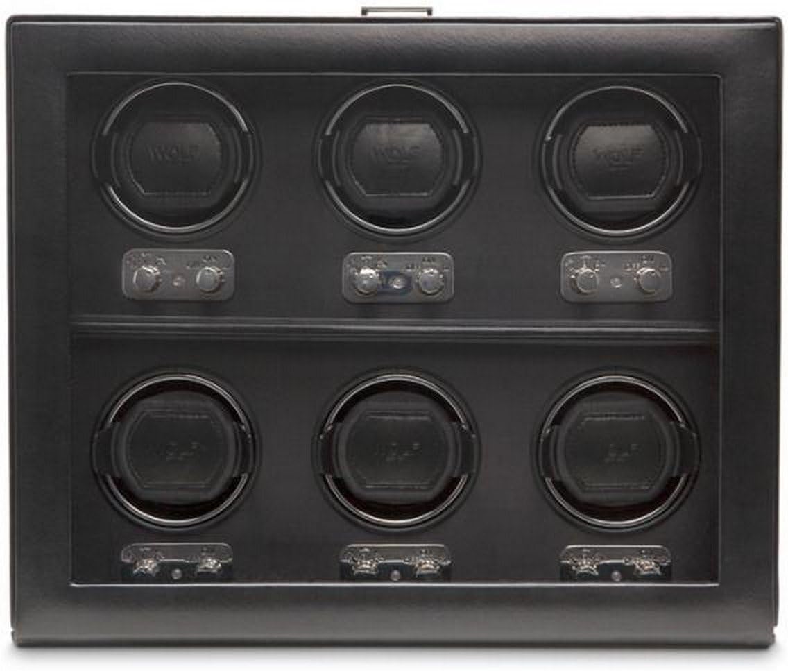 Men's 6 Piece Automatic Watch Winder in Black Faux Leather with Glass Cover Preset Winding Programs