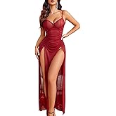 Avidlove Sexy Nightgown for Women Mesh Floral Slit Pleated Lingerie V Neck Long Dress