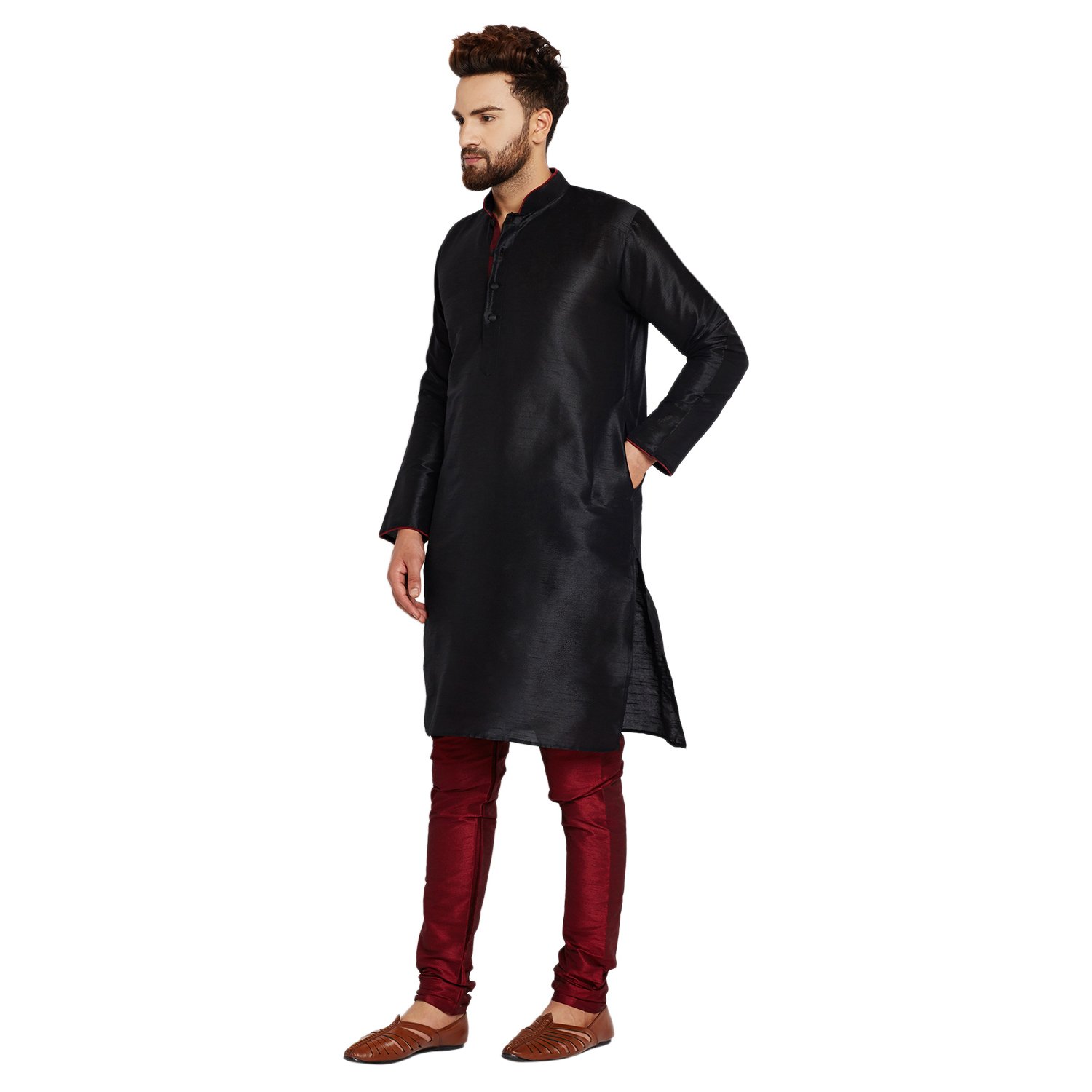 sojanya (since 1958) men's dupion silk kurta & churidaar pyjama with contrast detailing