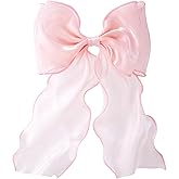 STSTR Large Hair Bow Clips, Pink Silk Yarn Ribbon Bow Hair Barrette for Women, Elegant Long Tail Bowknot French Hair Accessories for Wedding, Parties, Festivals - 1pcs