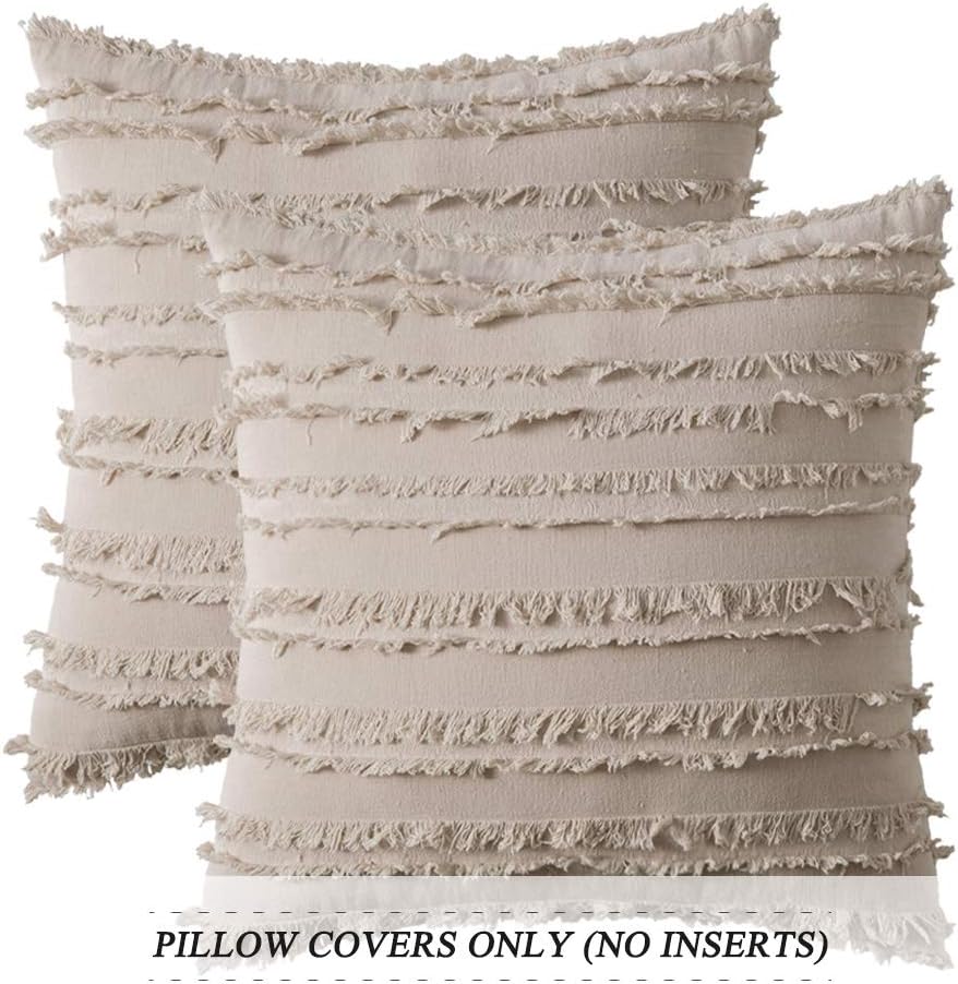 MIULEE Set of 2 Decorative Boho Throw Pillow Covers Cotton Linen Striped Jacquard Pattern Cushion Covers for Sofa Couch Living Room Bedroom 18x18 Inch Beige: Home & Kitchen