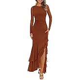 BTFBM Women's Maxi Dresses Spring 2026 Long Sleeve Ruched Bodycon Solid Ruffle Mermaid Cocktail Wedding Guest Dress