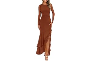 BTFBM Women's Maxi Dresses Fall 2025 Long Sleeve Ruched Bodycon Solid Ruffle Mermaid Cocktail Wedding Guest Dress